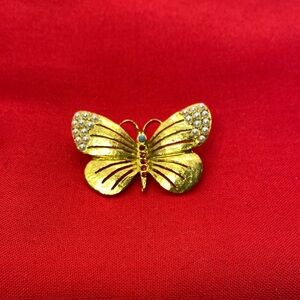 Vintage Gold Butterfly Brooch with Faux Pearl Wings and Red Rhinestone Body